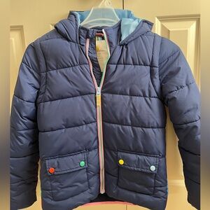 Mini Boden Navy Puffer Jacket with a Hood Rainbow Accents